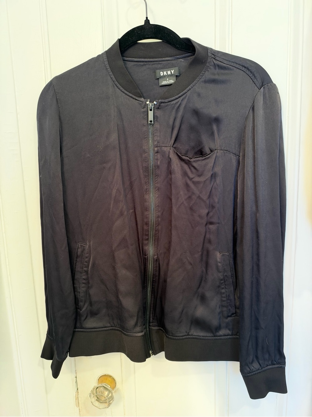 DKNY Black Silky Zip-Front Bomber Jacket with Pockets Size S